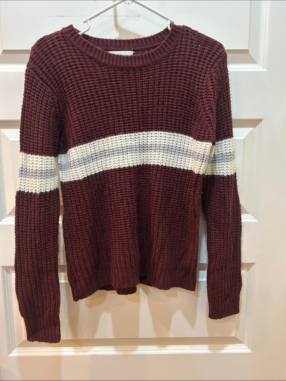 Pink Rose Maroon Crew Sweater with White Stripe